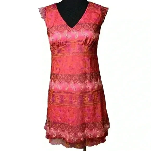 Vintage Y2K floral mesh mini dress cap sleeve pink orange 2000s - Picture 2 of 6
